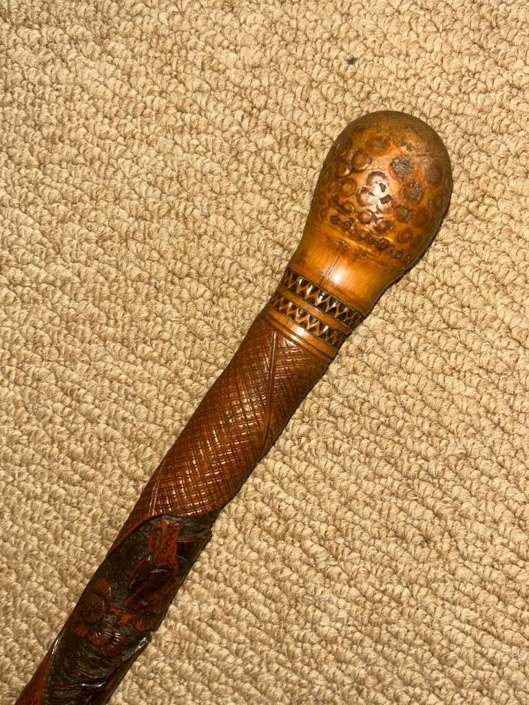 Antique Asian Oriental All Carved Bamboo Walking Stick Cane – Root Ball Top