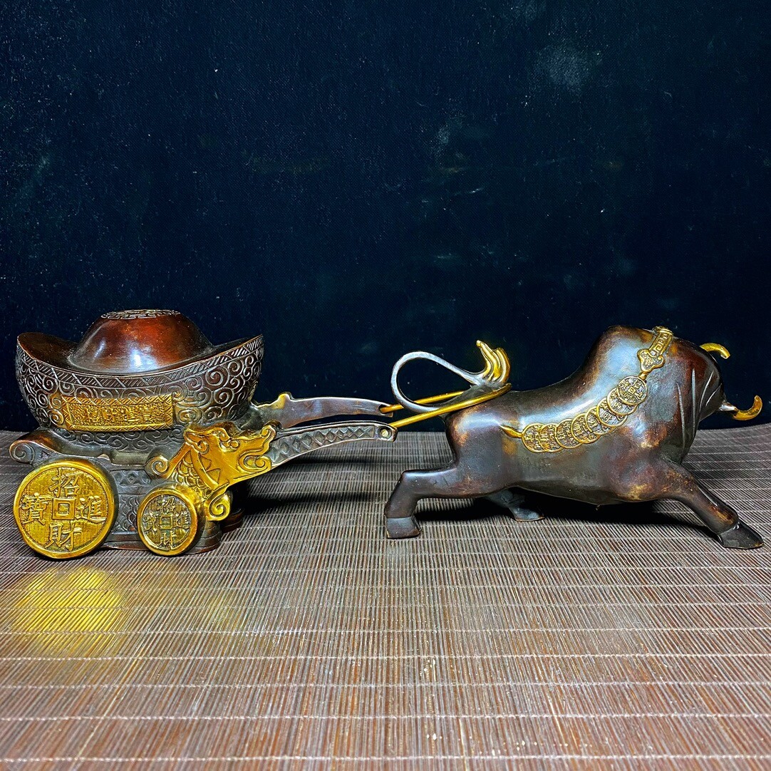 15″ old China antique Fine carving Pure copper Gilding cattle statue