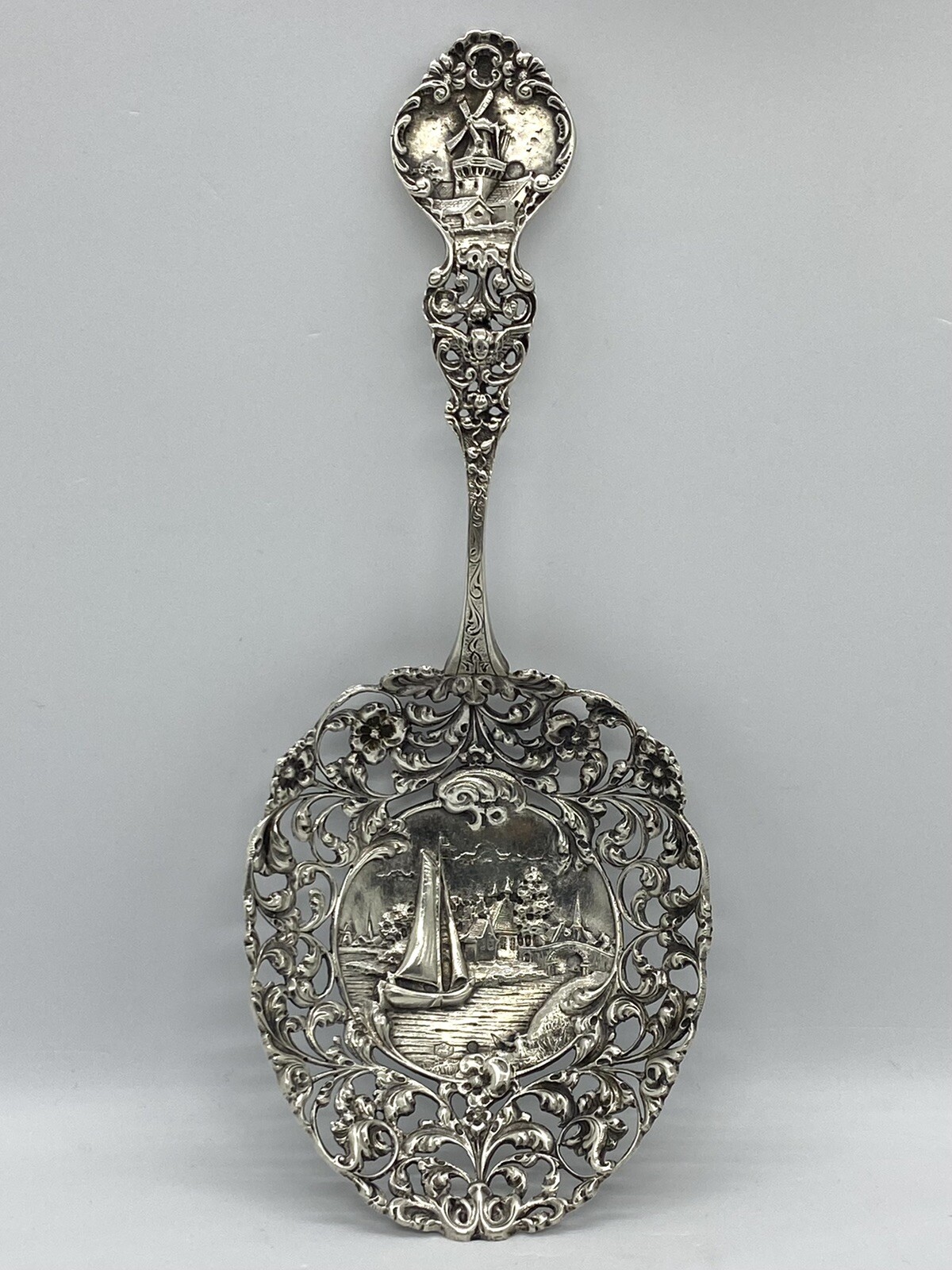 Antique Van Kempen & Zoon Sterling Silver Repouse Pierced Bon Bon Spoon