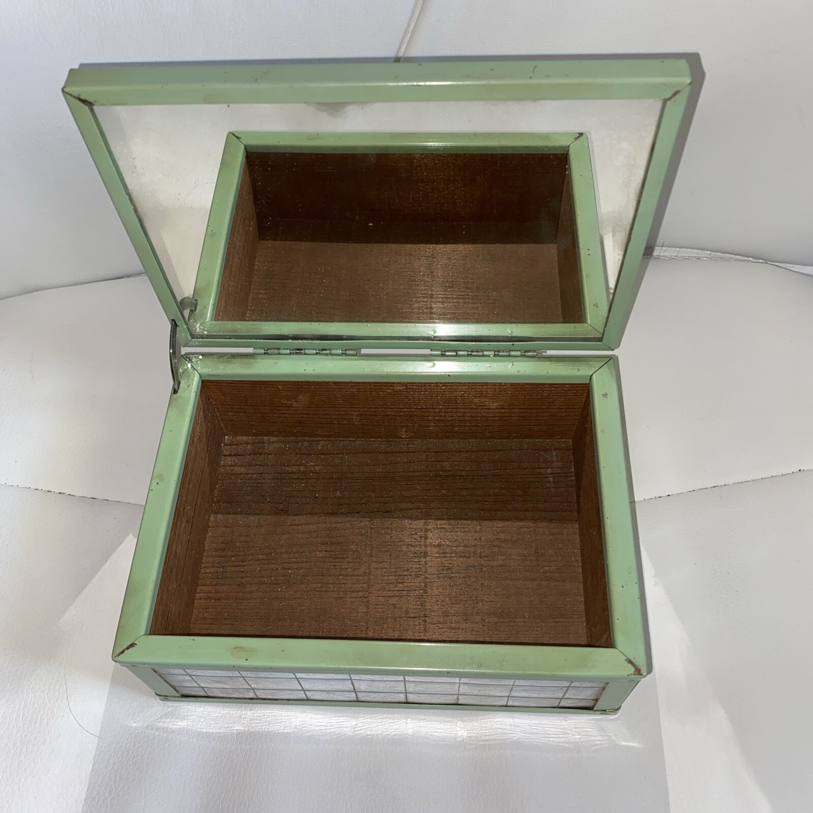 ART DECO CHROMIUM DRESSER JEWELRY BOX SILHOUETTE GREEN METAL WOOD INTERIOR 1920s