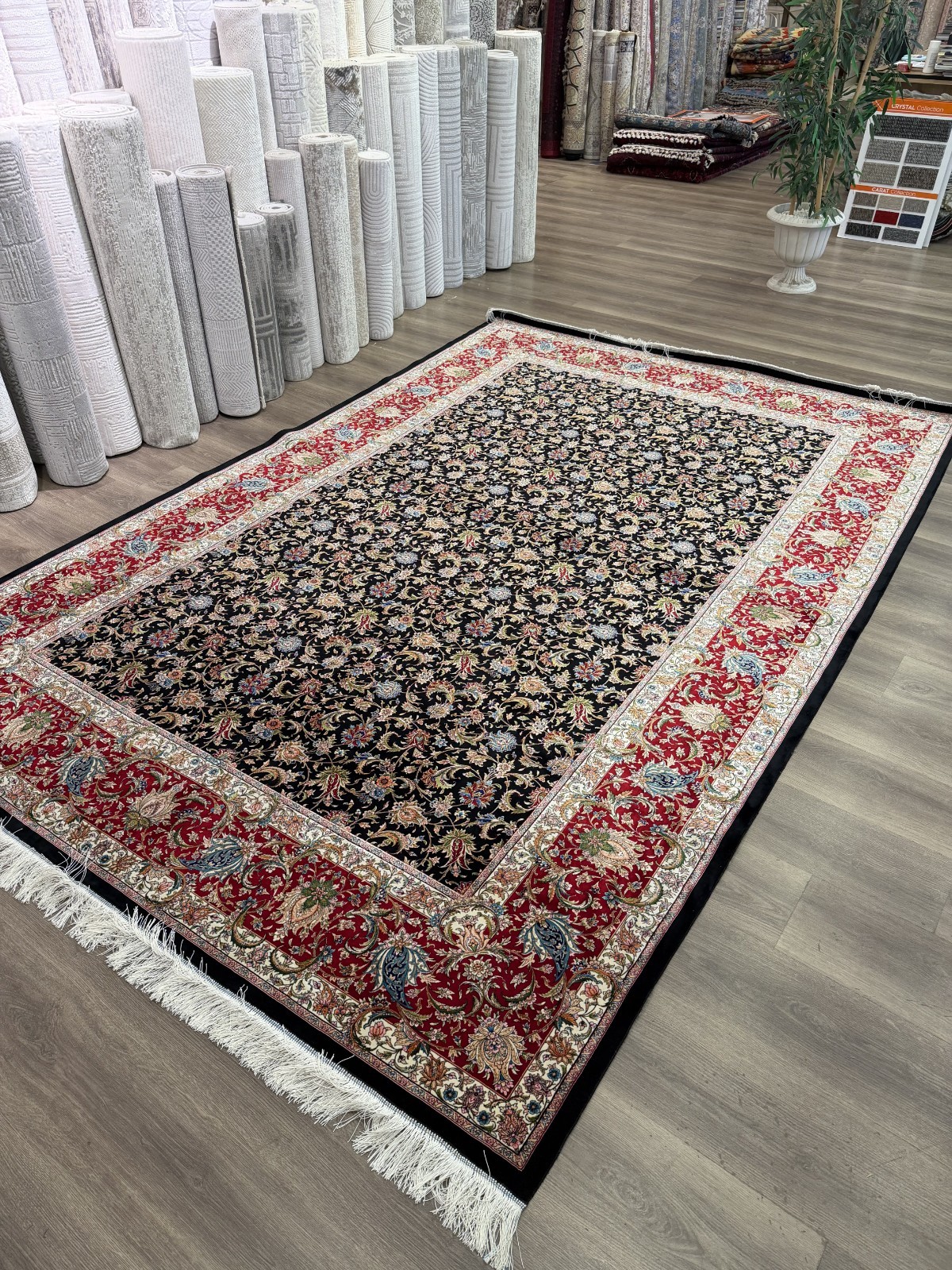 Turkish Pure Silk Rug 7×10 ft Machine Woven Oriental Carpet Black Red