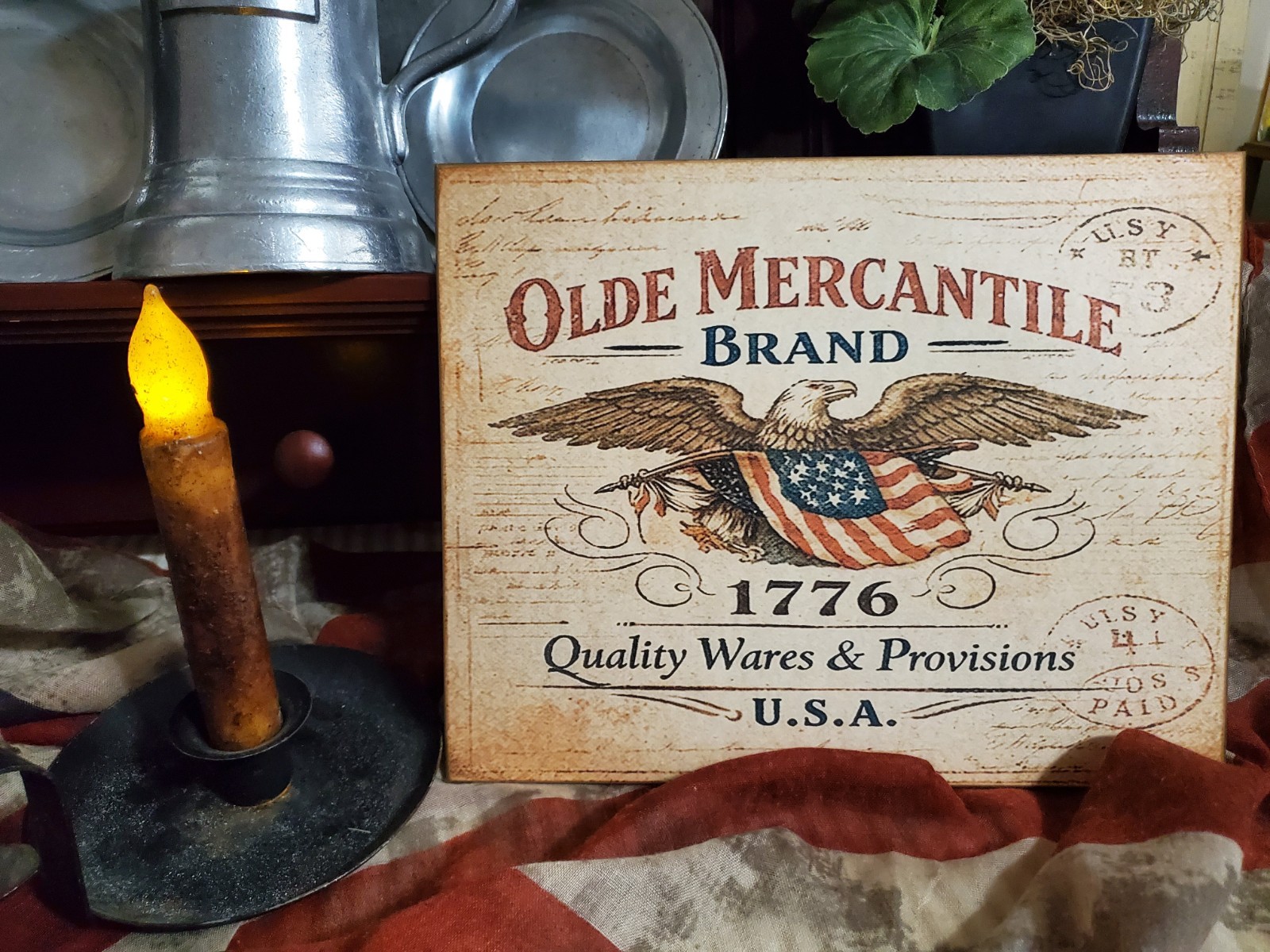VINTAGE PRIMITIVE COLONIAL STYLE PATRIOTIC 1776 OLDE MERCANTILE STORE USA SIGN