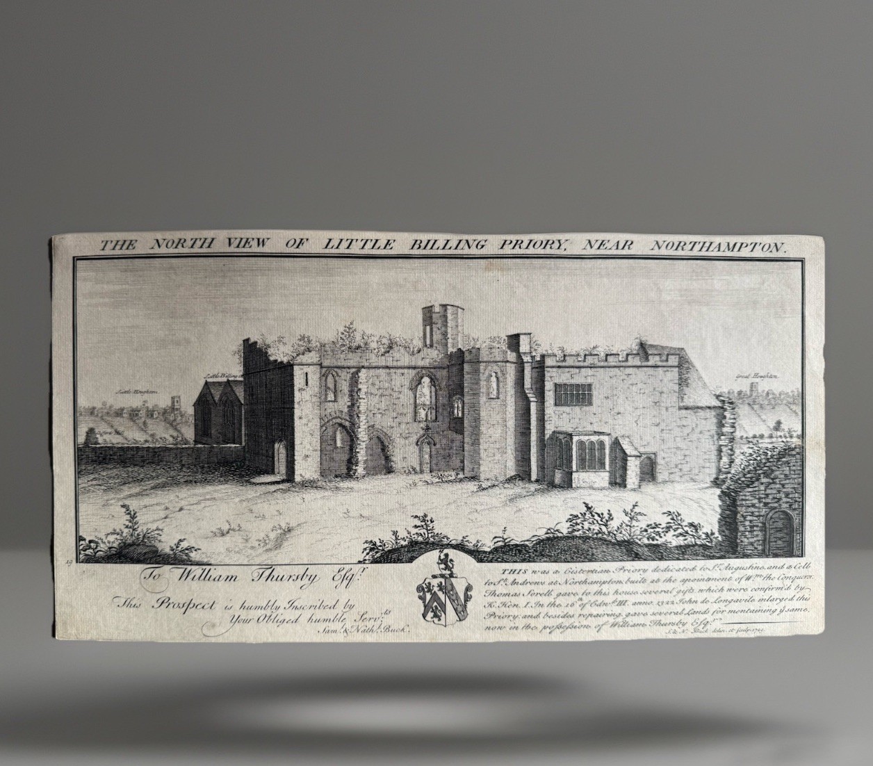 Antique Engraving, Little Billing Priory, Northampton, Buck’s Antiquities, C1729