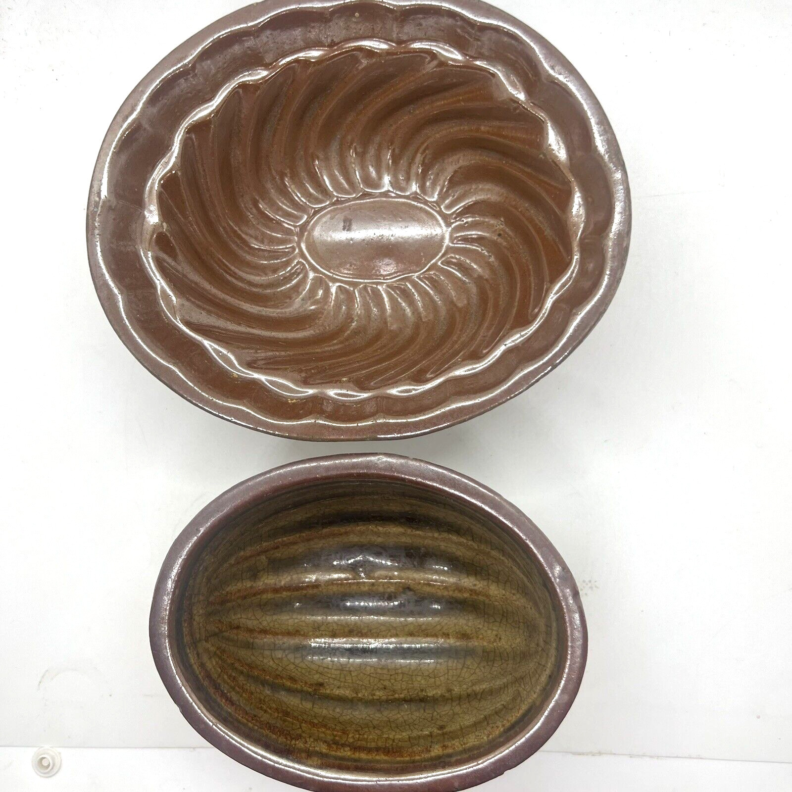 Lot of 2 Antique Brown Earthenware Glazed Jelly / Cake Molds Circa 1860