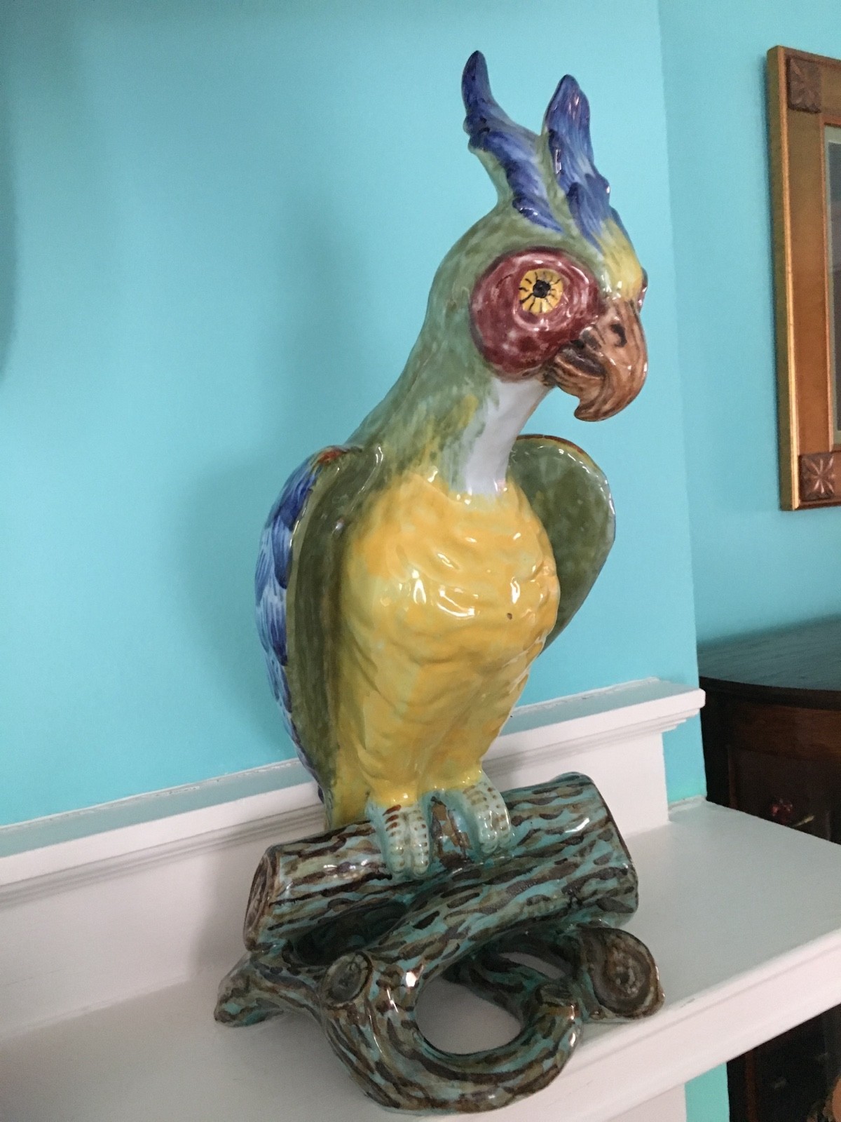 19th Century Faience French Pottery parrots with glass eyes. Price is for ea