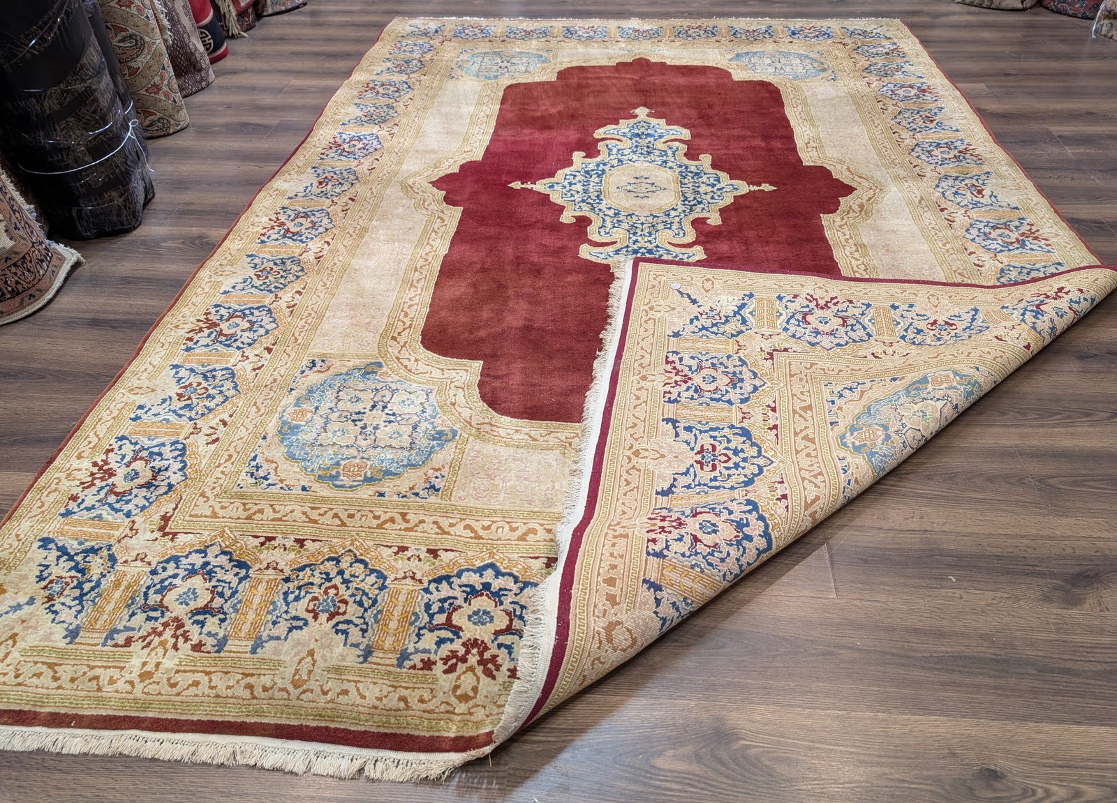Per’sian Kirman Rug 8×11, Red Semi Open Field, Handmade Wool Carpet