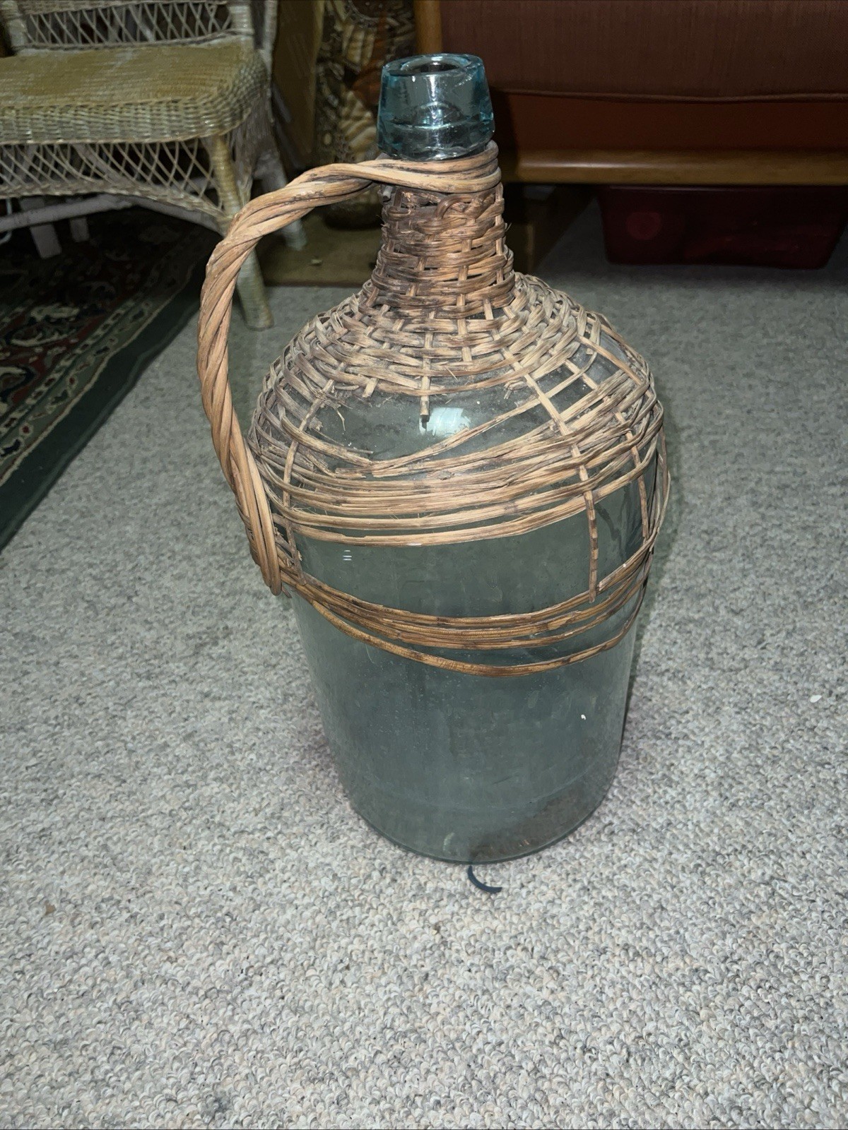 ANTIQUE LARGE GLASS BOTTLE w/ Damaged WICKER WRAP & HANDLE Damaged 18×8.5 Inch