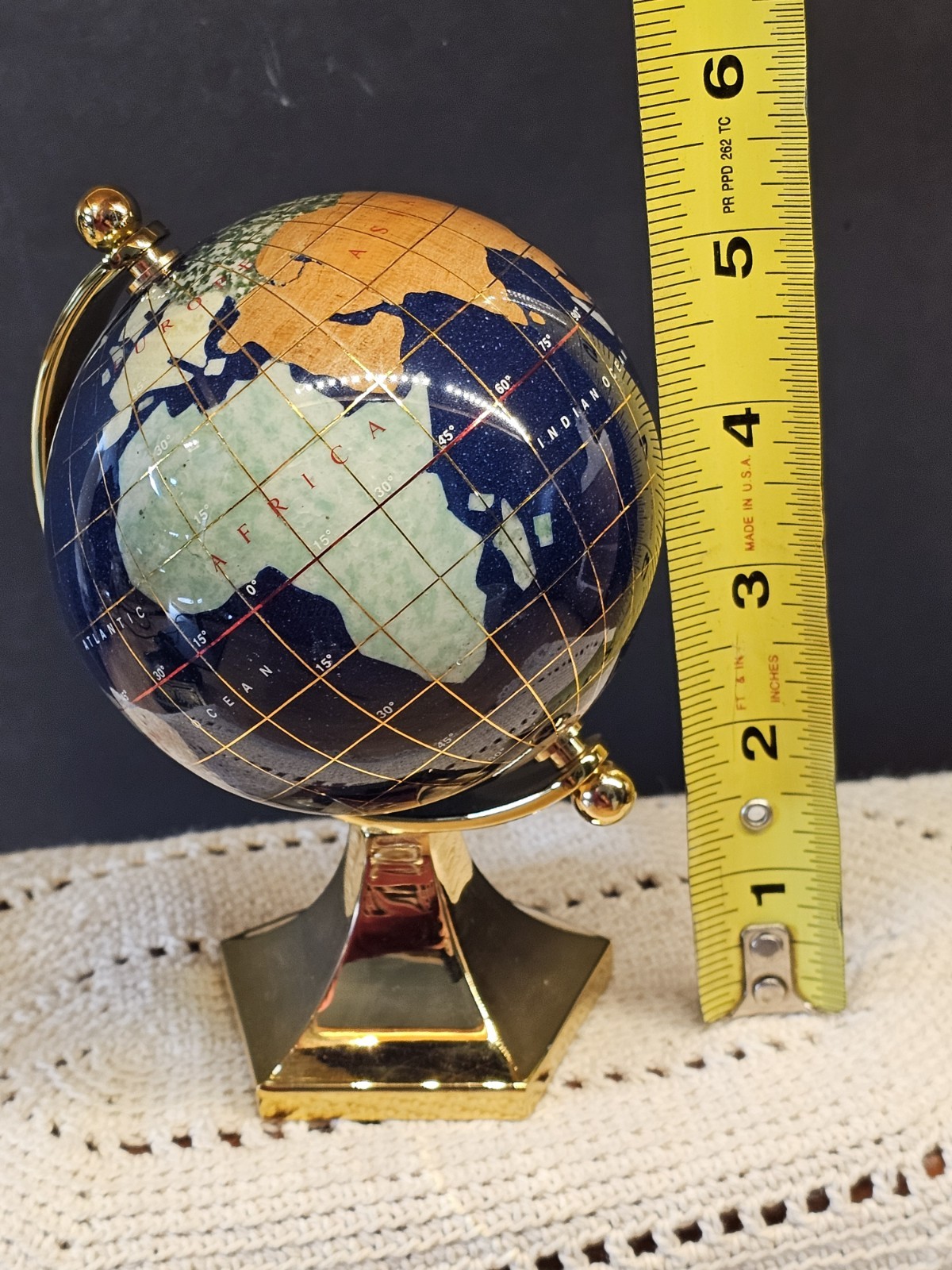Rotating Globe On Brass Base Featuring Semi-Precious Stone Inlays 5.5″ Tall