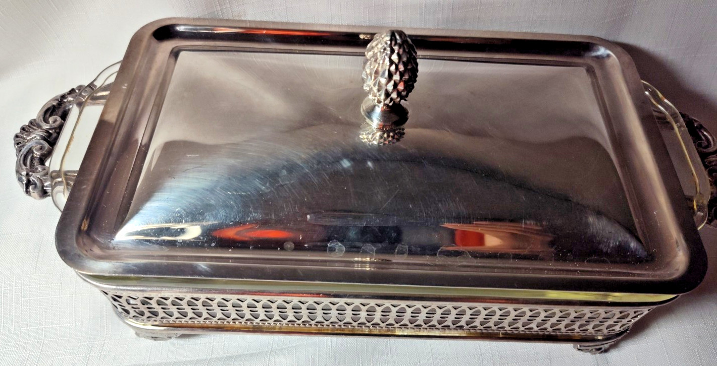 Vintage Silver plate Casserole Dish Handled Footed Stand with Fire King 409 Dish
