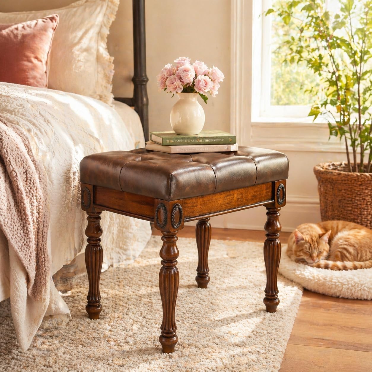 Vintage Vanity Bench Stool Footstool Leather Padded Cushion for Bedroom Bathroom
