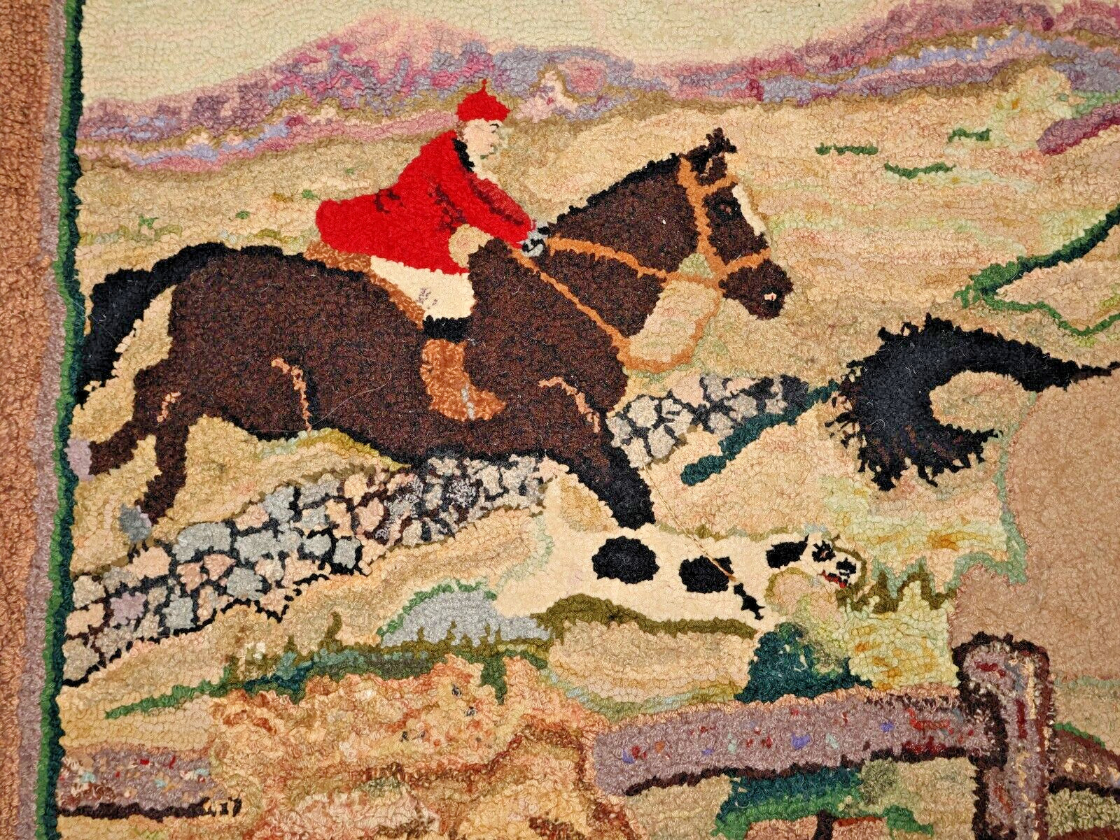 Antique Primitive 58″ x 38″ Hooked Rug Equestrian Hunt Scene Dogs Horses Riders