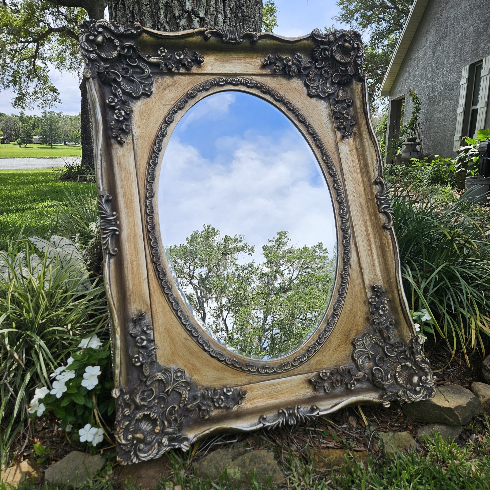 Vintage X Large Rococo Beveled Mirror Ornate Gold Gilt Wood Frame French Baroque