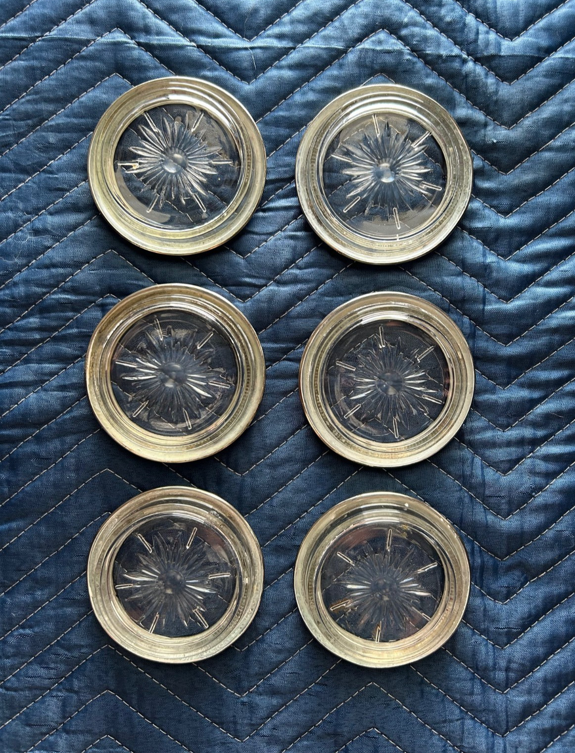 Leonard Silver Plate and Glass Starburst Coasters – Set of Six (6)