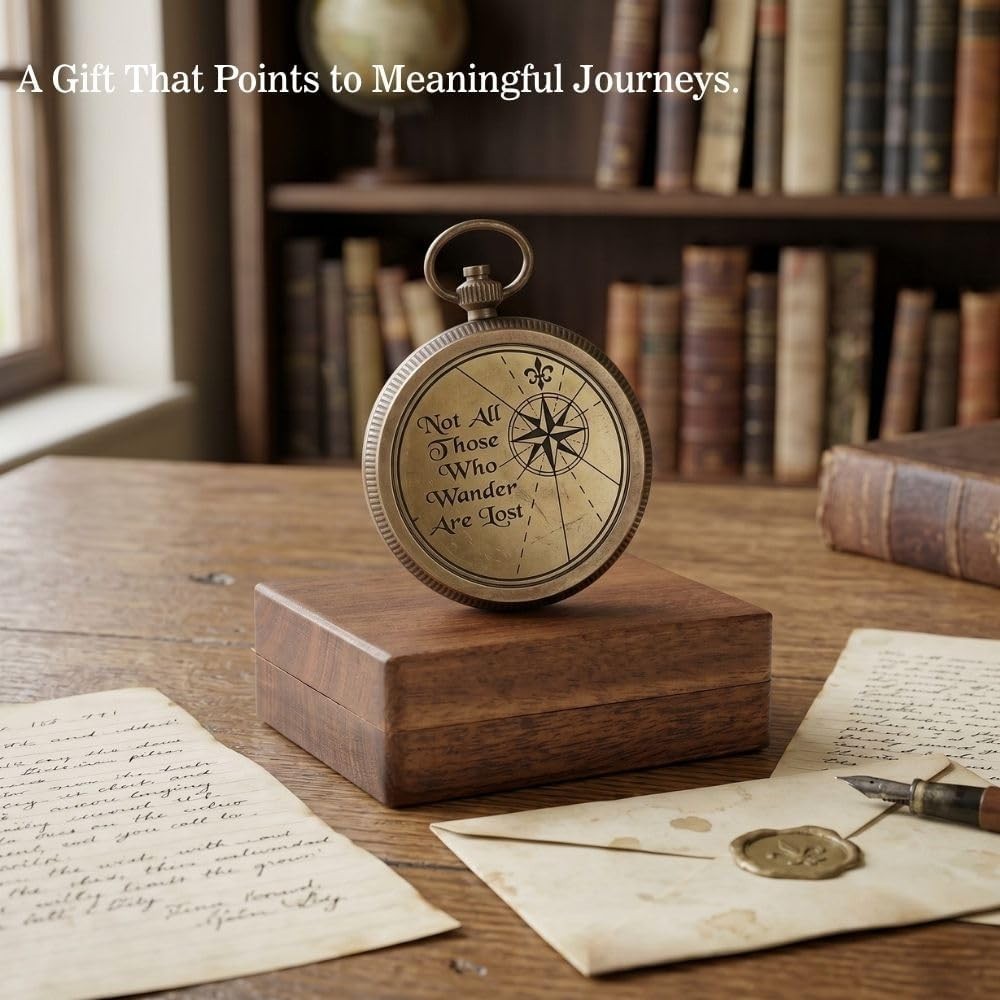 Luxury Engraved Brass Pocket Compass Gift & Elegant Hardwood Presentation Box