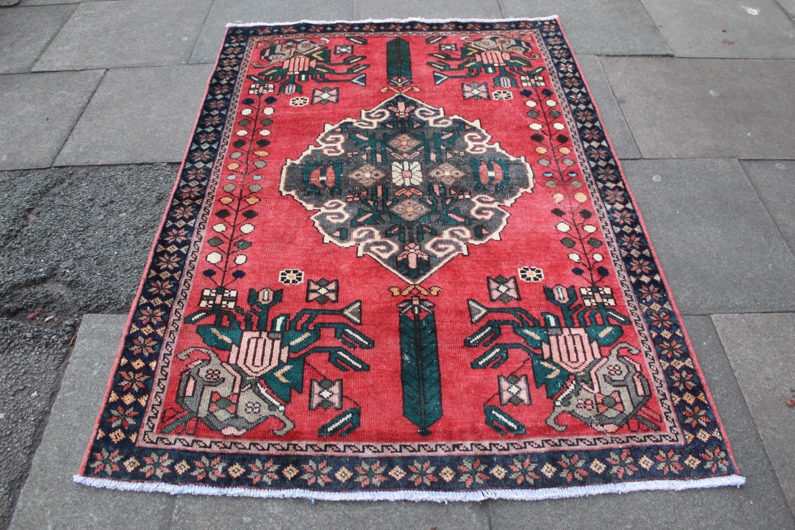 Vintage Worn Hand Made Traditional Oriental Wool Red Pink Rug 186x130cm