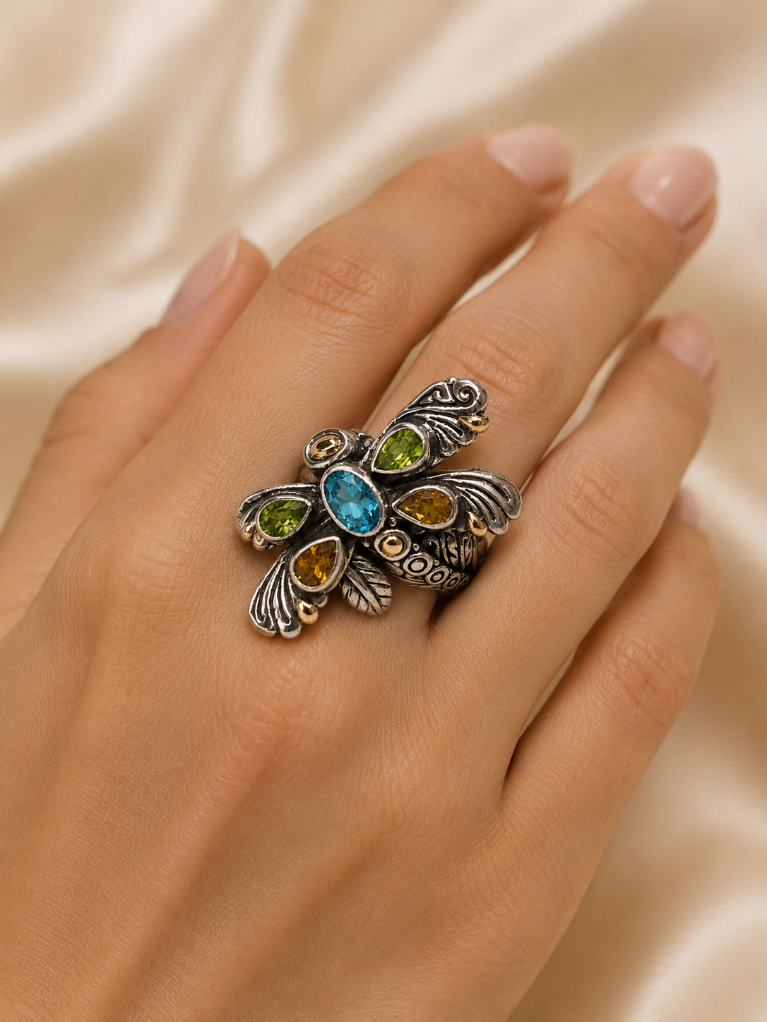 Silver Multi Gemstone Dragonfly Ring 18K Gold Accent Oxidized Statement jewelry
