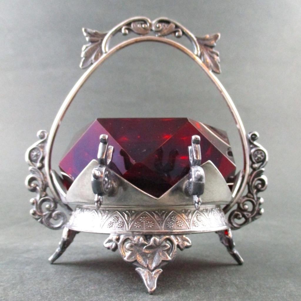 Ruby RED glass Master OPEN SALT – TORONTO S.P. #627 – Quad Silver Holder, Spoon