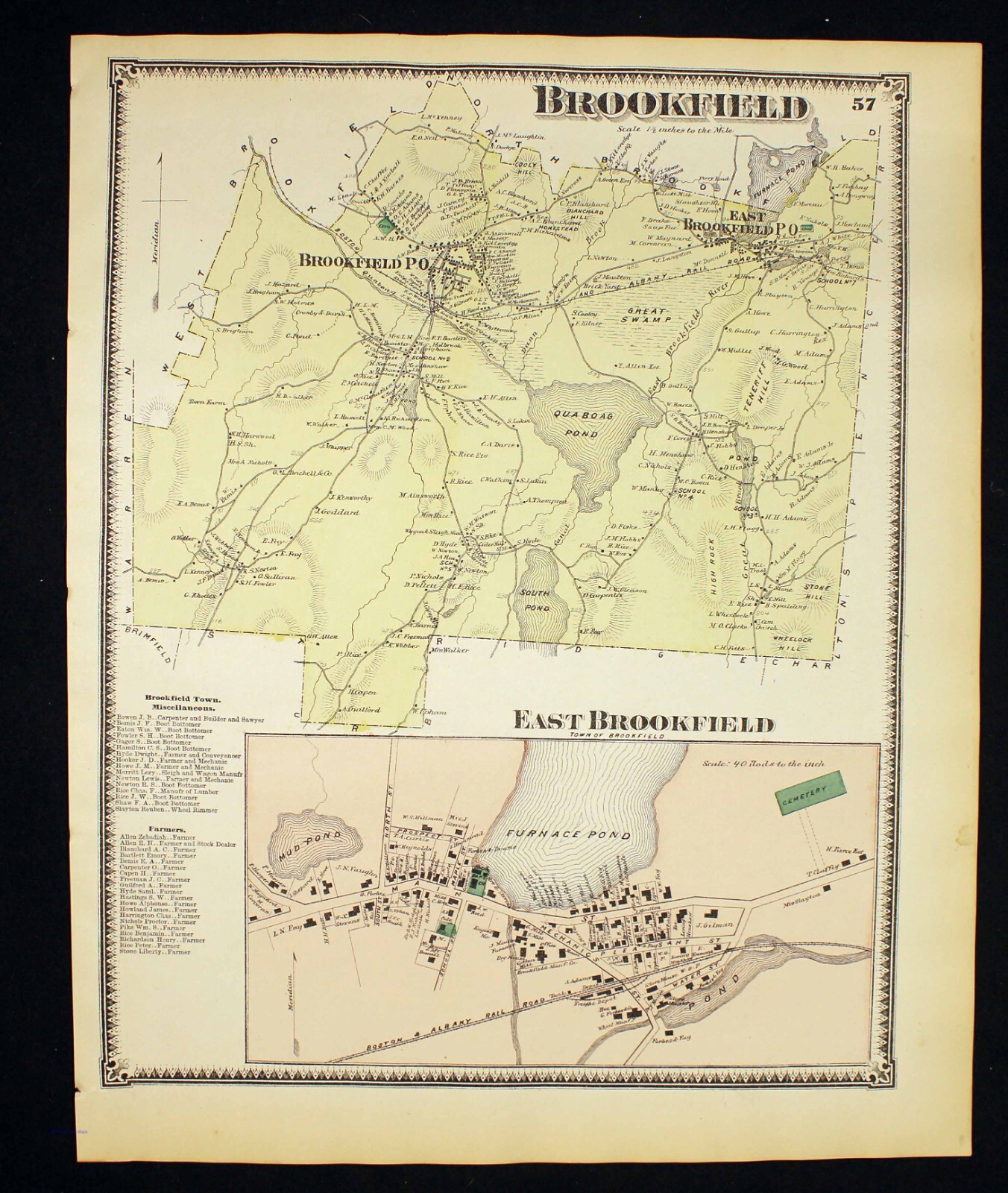 Antique 1870 Map Town of Brookfield Worcester County Massachusetts City East