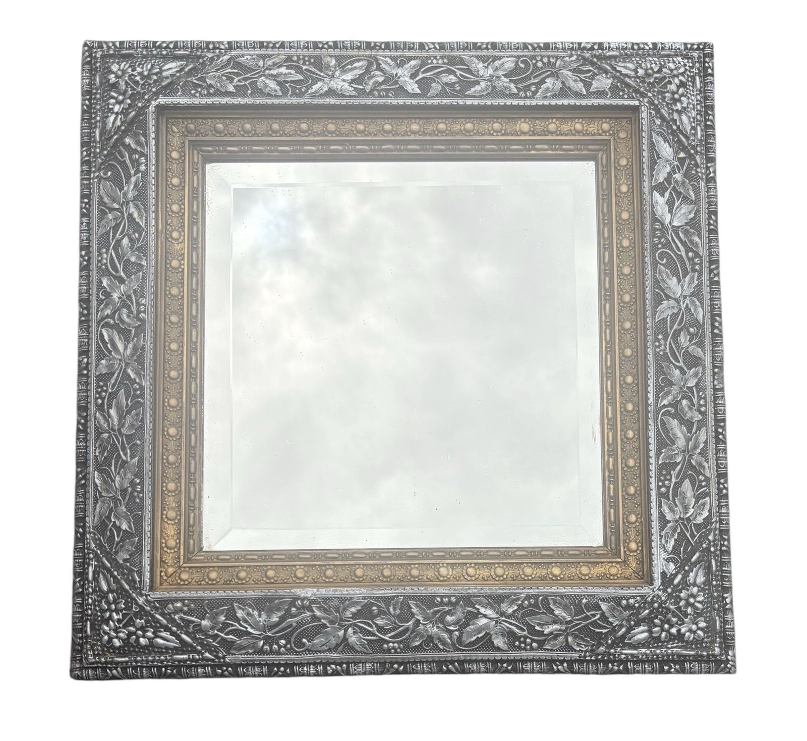 Antique Victorian Silver Gold Gilt Gesso Framed Carved Wood Mirror Leaf Design