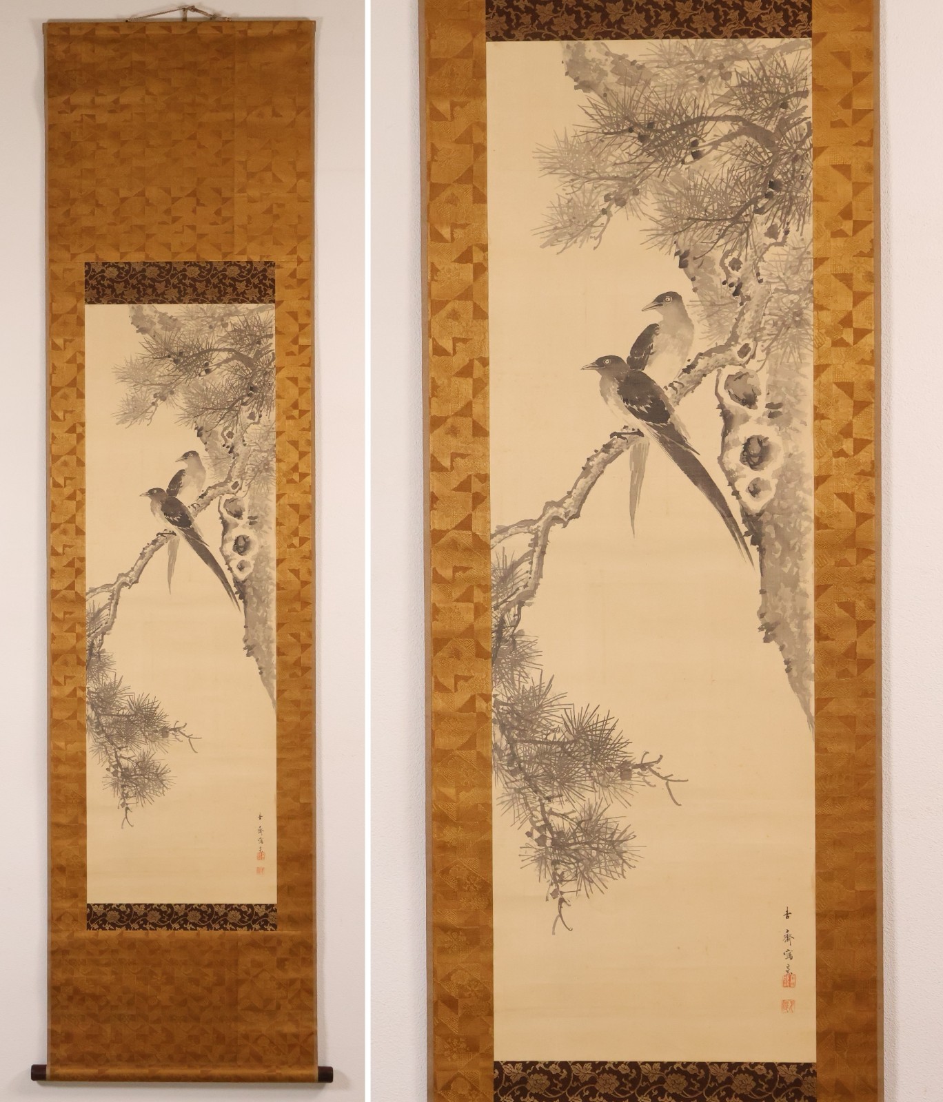 Japanese Hanging Scroll Hand Painted Old Pine&Long-Tailed Birds KAKEJIKU By Oda