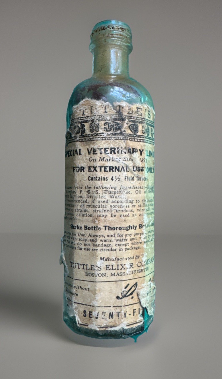Antique Glass Medicine Bottle Tuttle’s Elexer Special Veterinary Liniment 4.5oz