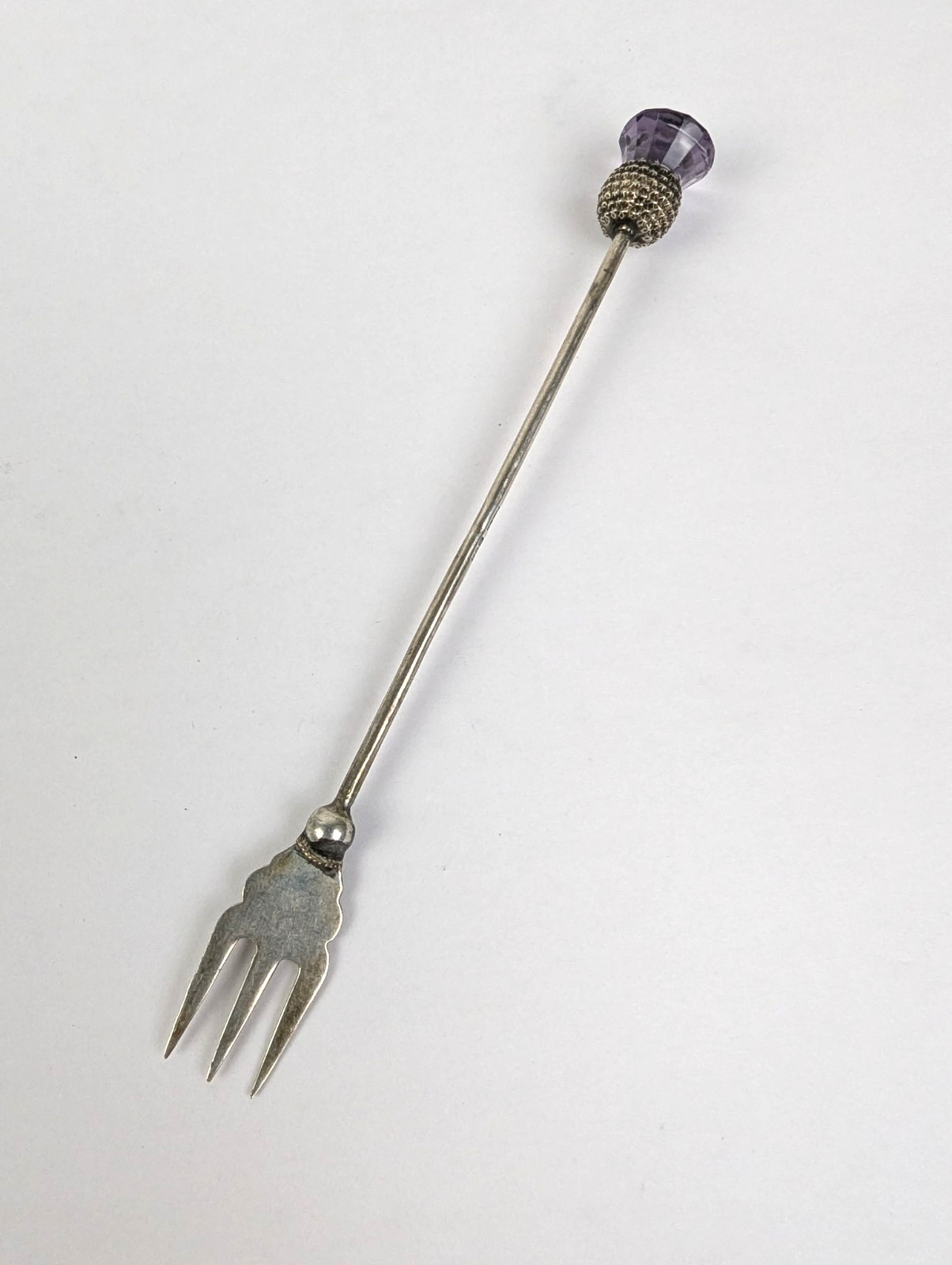 Antique Sterling Silver Scottish Amethyst Thistle Cocktail Pickle Fork Chester