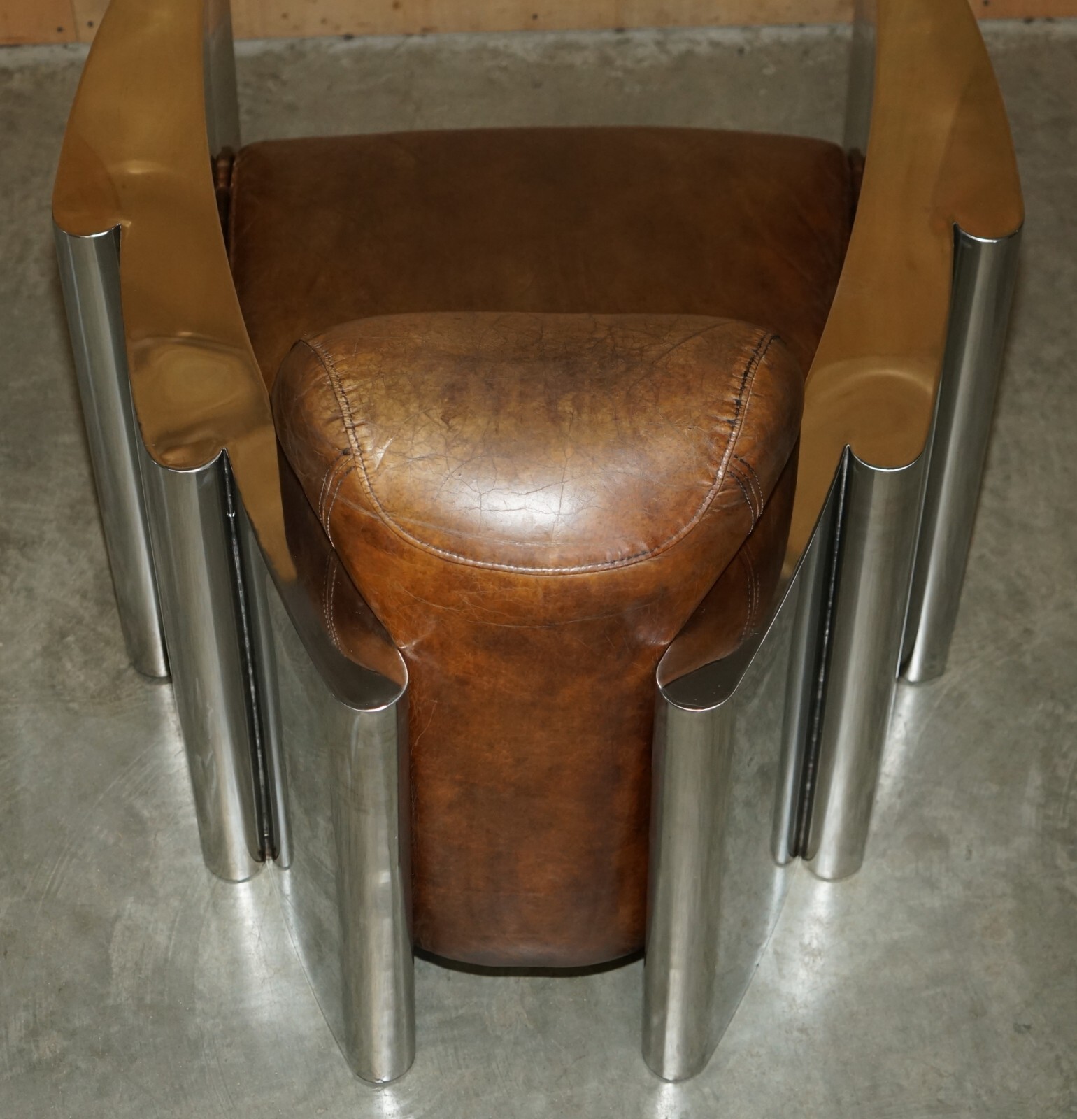RARE STUNNING HERITAGE BROWN LEATHER POLISHED ALUMINIUM AVIATOR LOUNGE ARMCHAIR