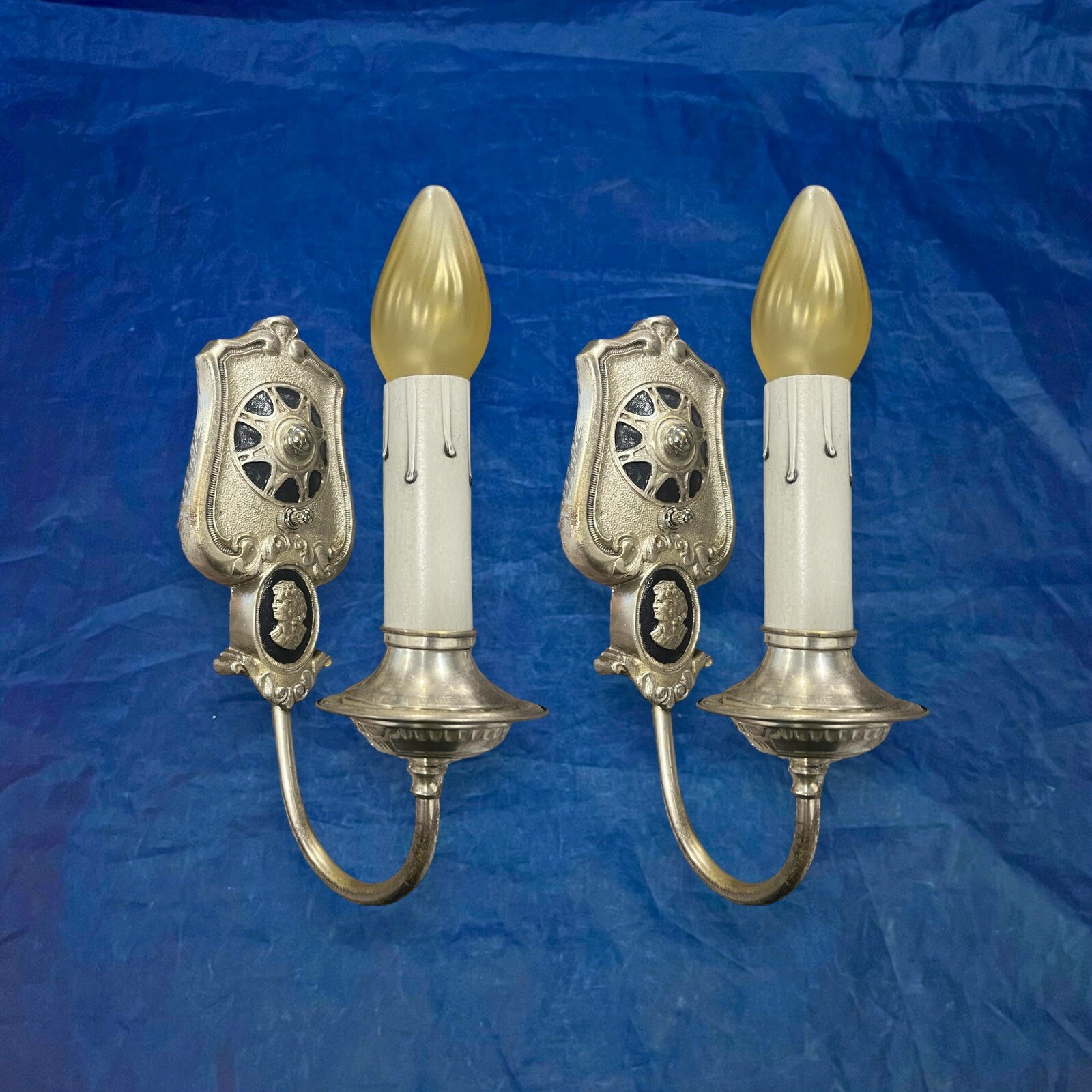 Wired Pair Antique Nickel Over Brass Wall Sconce Fixtures Nice! 87F