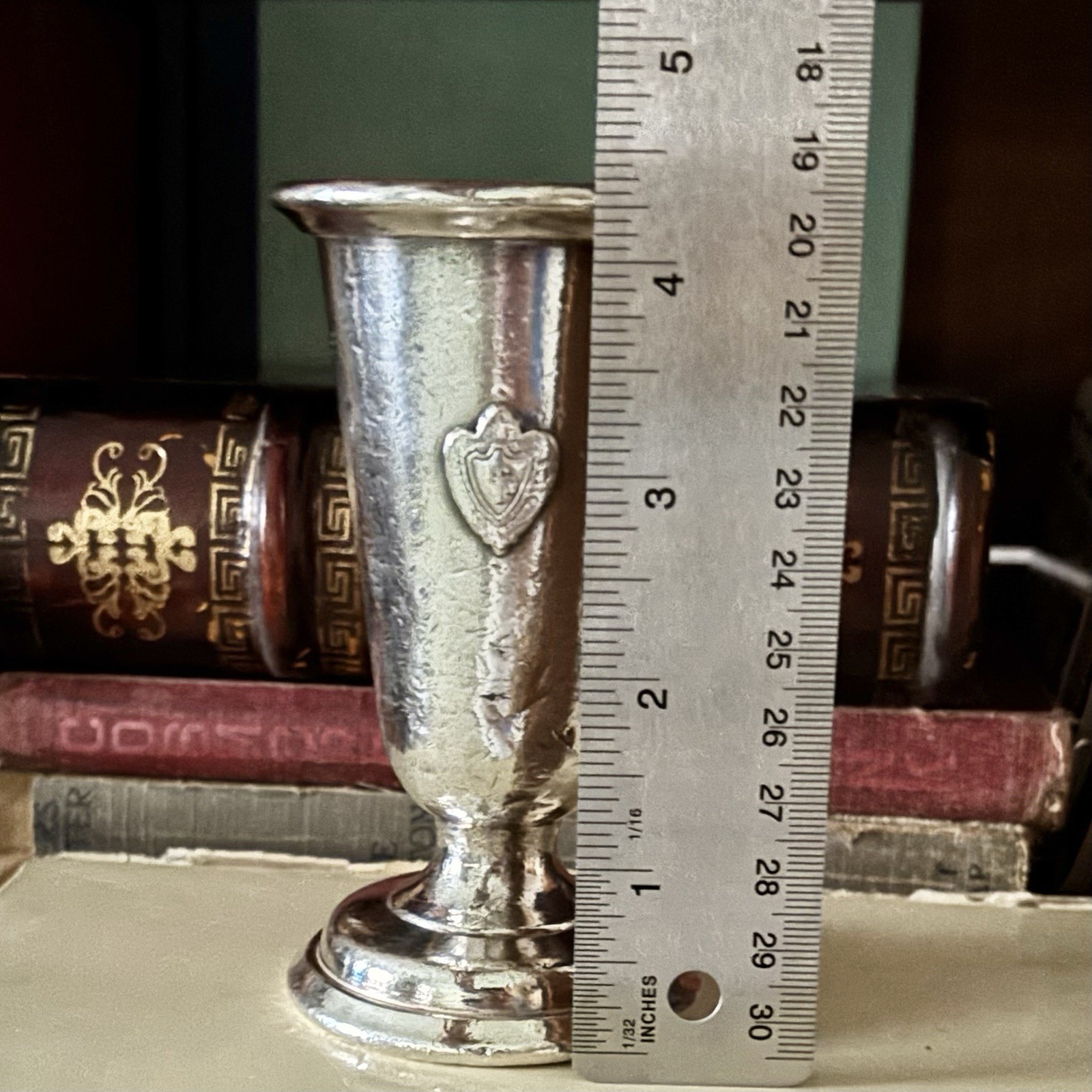 1950s Conrad Hilton Chicago Hotel Silver Plate Vase Raised Shield Crest Medallio
