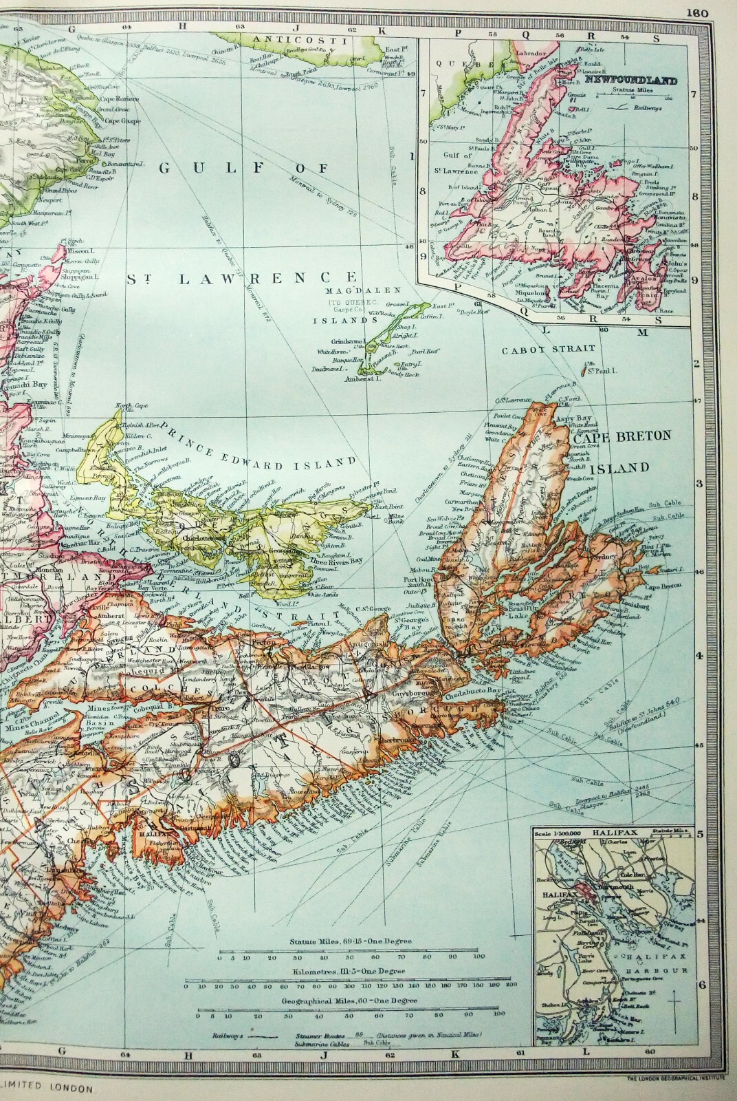 Canada Maritimes – Large Original c1906 Map by George Philip. NB NS PEI Amtique