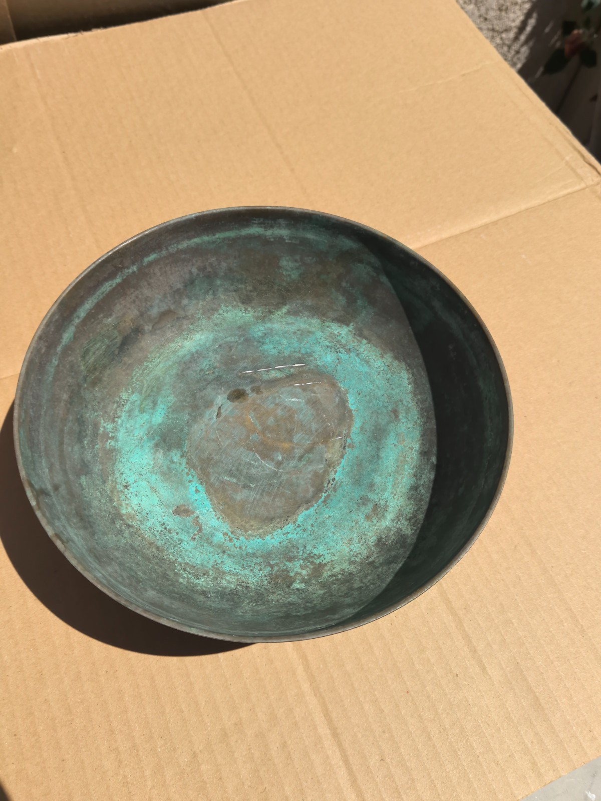 Big Heavy Antique Korean Brass Bronze Footed Bowl Stamped 8-1/2″