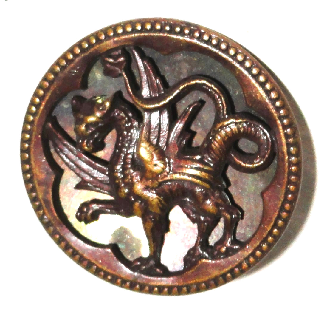 Antique Sewing Picture Button ~ Mythical Dragon ~ 1” in Diameter ~ Beaded Rim