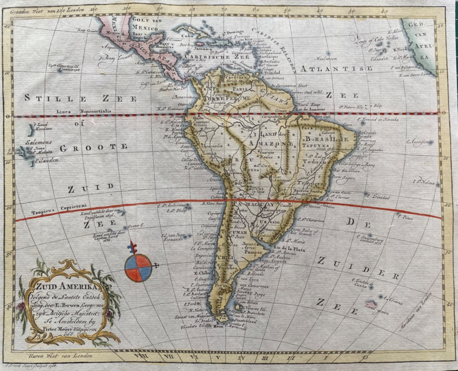 1768 Antique Map; South America / Zuid Amerika by Meijer / Bowen