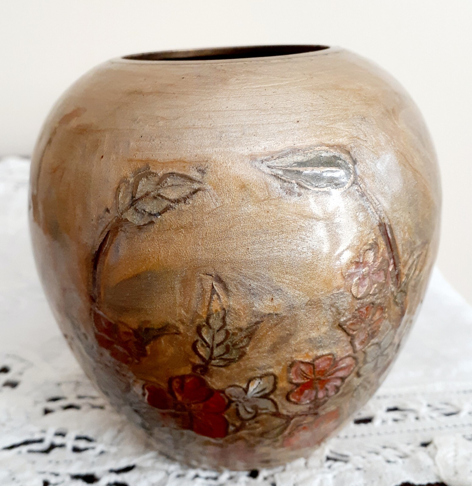 VTG Brass Cloisonne Enamel Vase Hand Painted Floral Vine Design