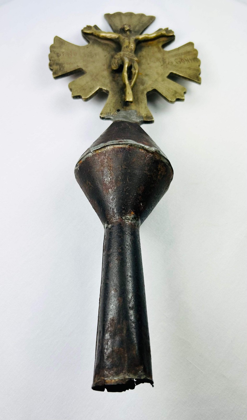 Spanish Colonial Brass Processional Cross Finial | Double-Sided Crucifix & Saint