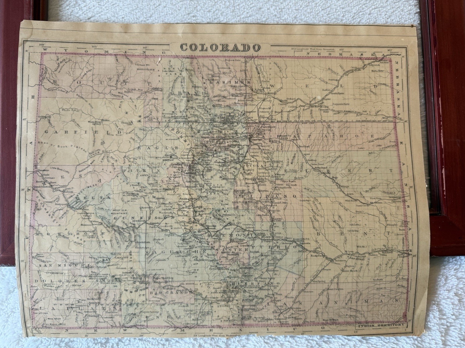 1884 Indian Territory Map Augustus Mitchell Double Sided Colorado Framed
