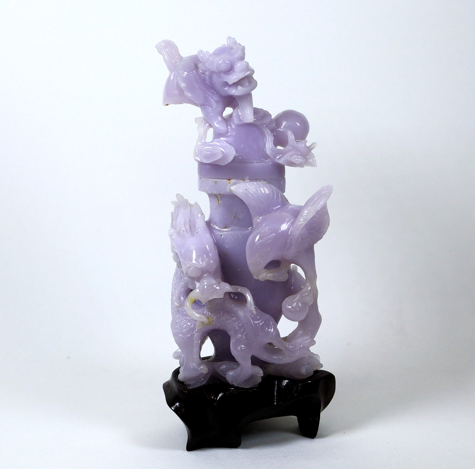 Antique Art Deco Chinese Lavender Jadeite Dragon Bird Vase With Lid 6″ High