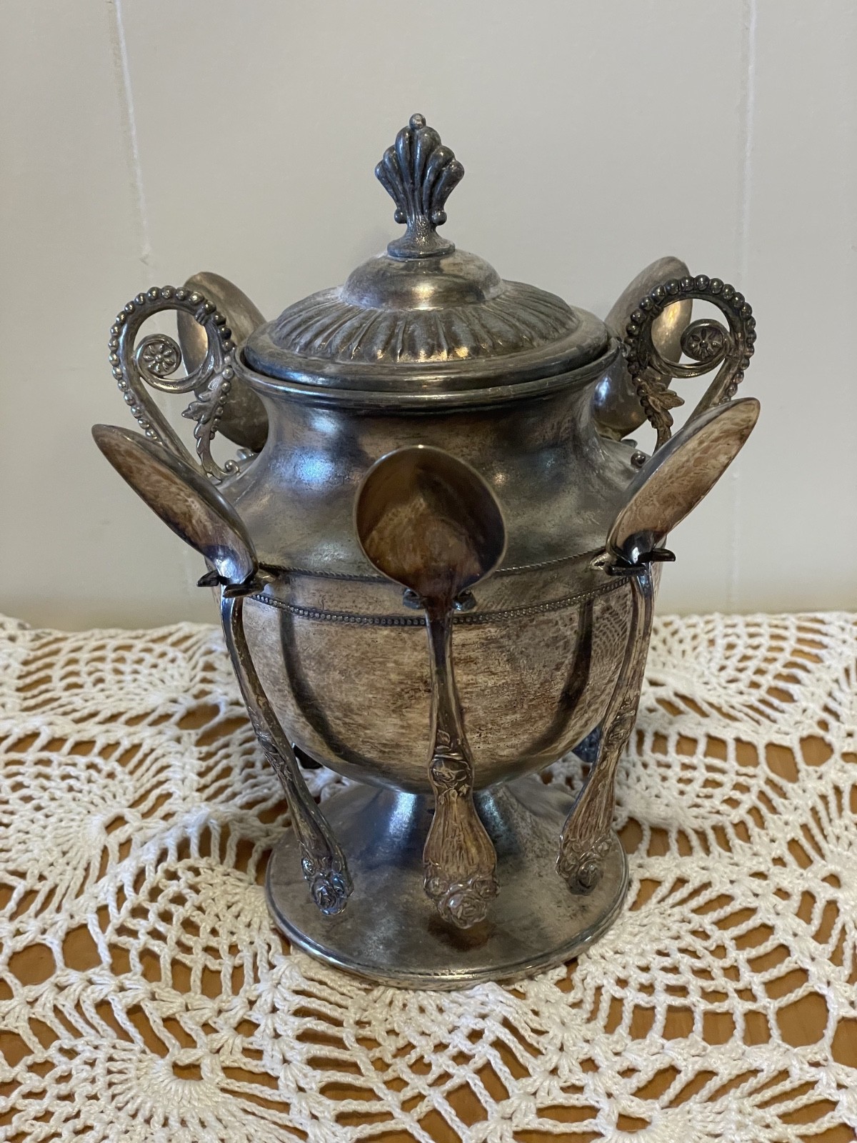 Antique Barker Silver Co Lidded Sugar Spooner Set 6 Holmes Edwards 1909 Rose DEN
