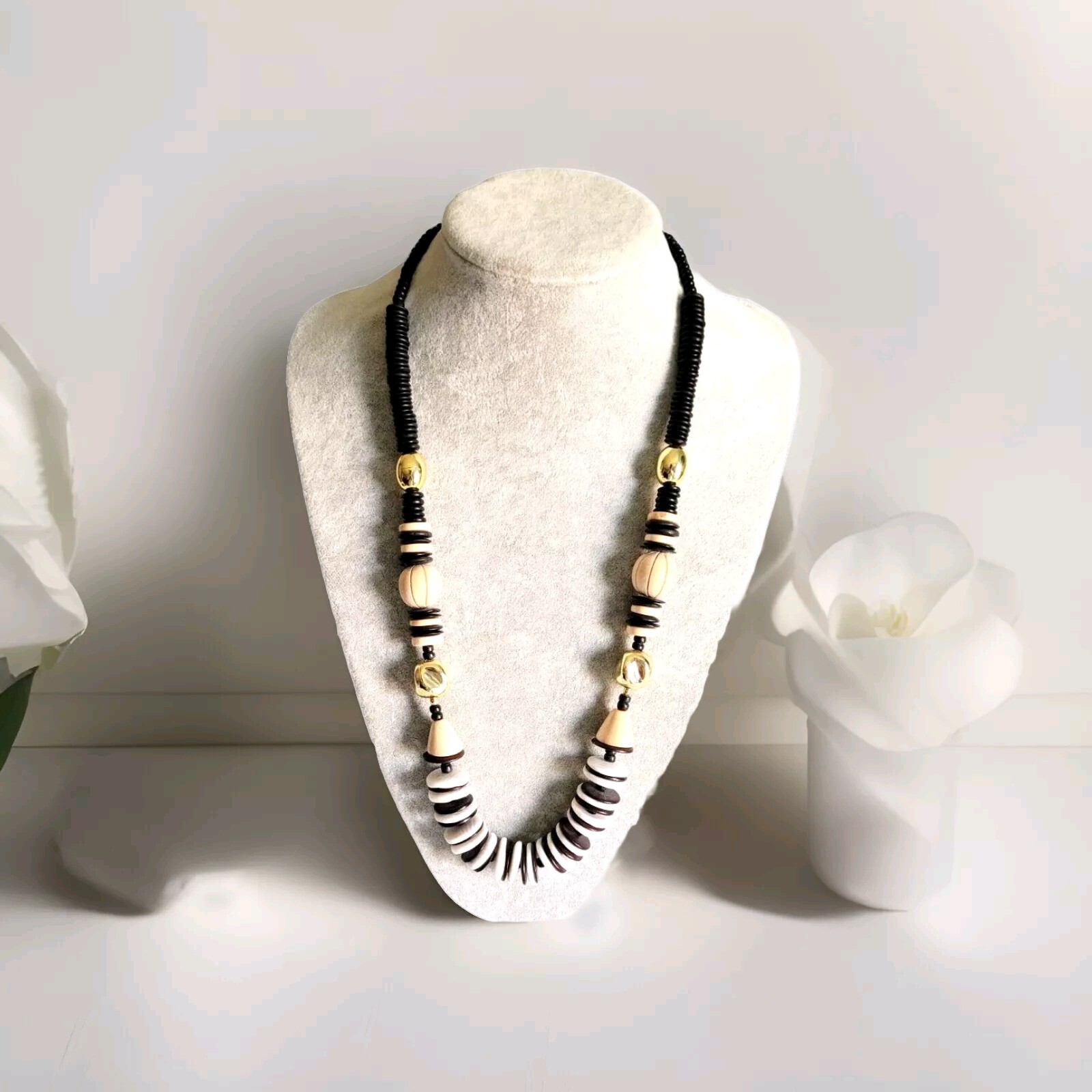 Mixed Wooden Necklace. Black/White/Beige and Gold tone -26 in -Fashion Jewelry.