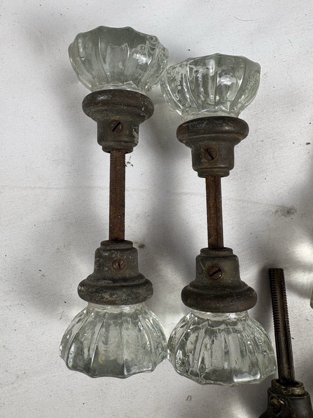 Lot Antique Pressed Glass Door Knobs w Spindles Mixed Finishes Brass Nickel Iron