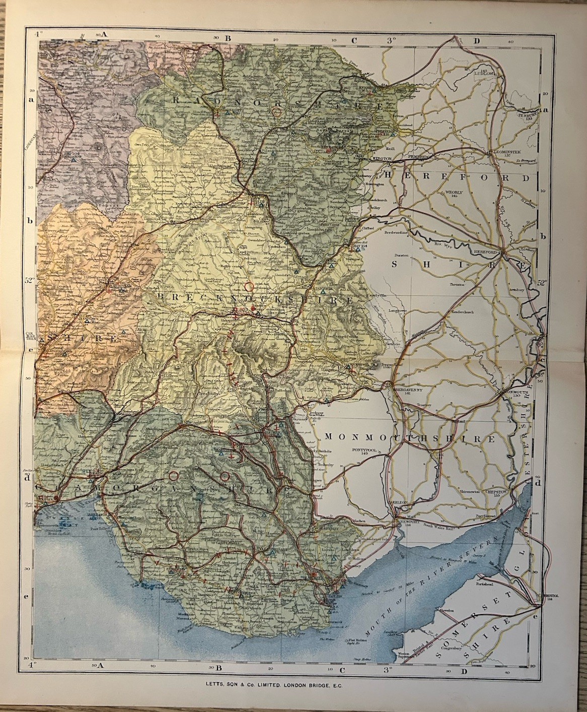 1884 South Wales Original Antique County Map by Letts