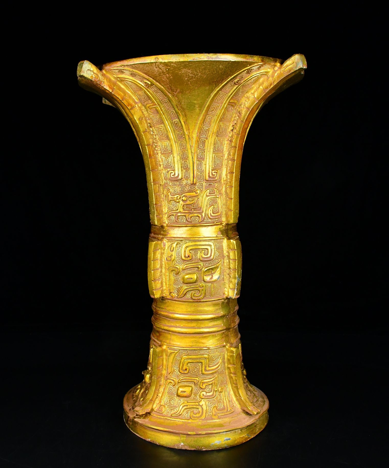11.6″ old China antique the warring states bronze Gilding Beast Face Zun
