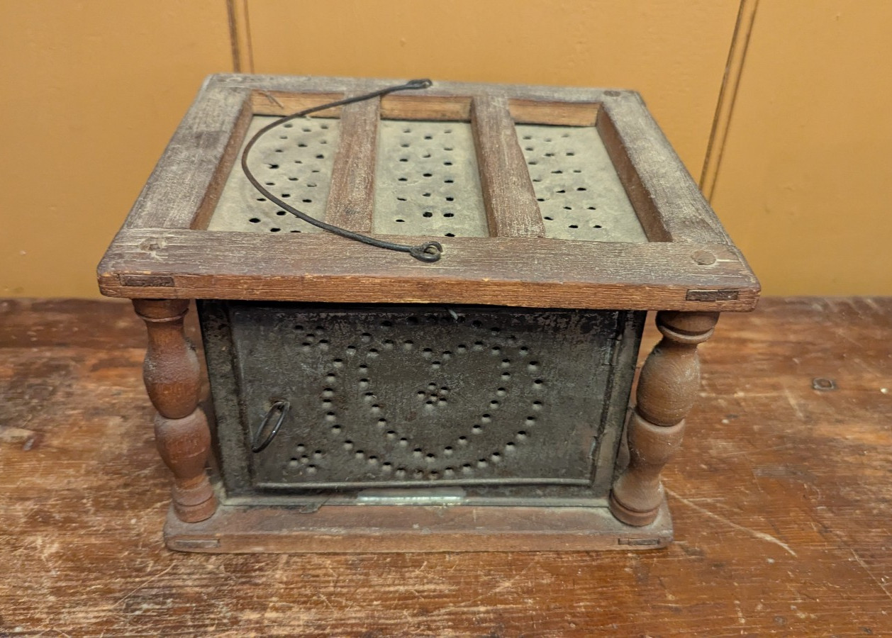 Early Antique 19th C Foot Warmer Primitive Punched Tin Hearts for Sleigh / Wagon