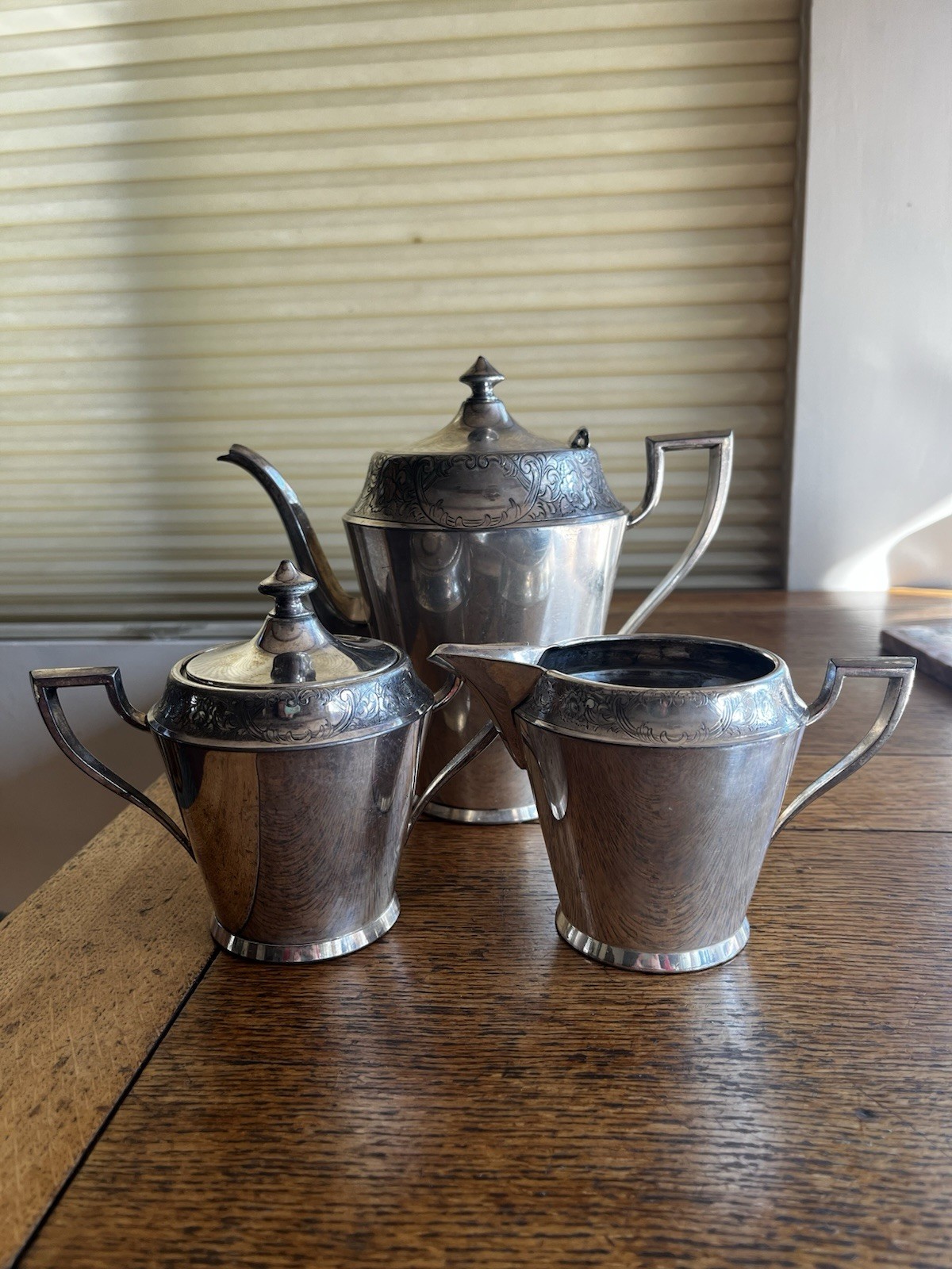 Antique 1881 Rogers 5016 Silver Plate Tea Pot, Creamer and Sugar