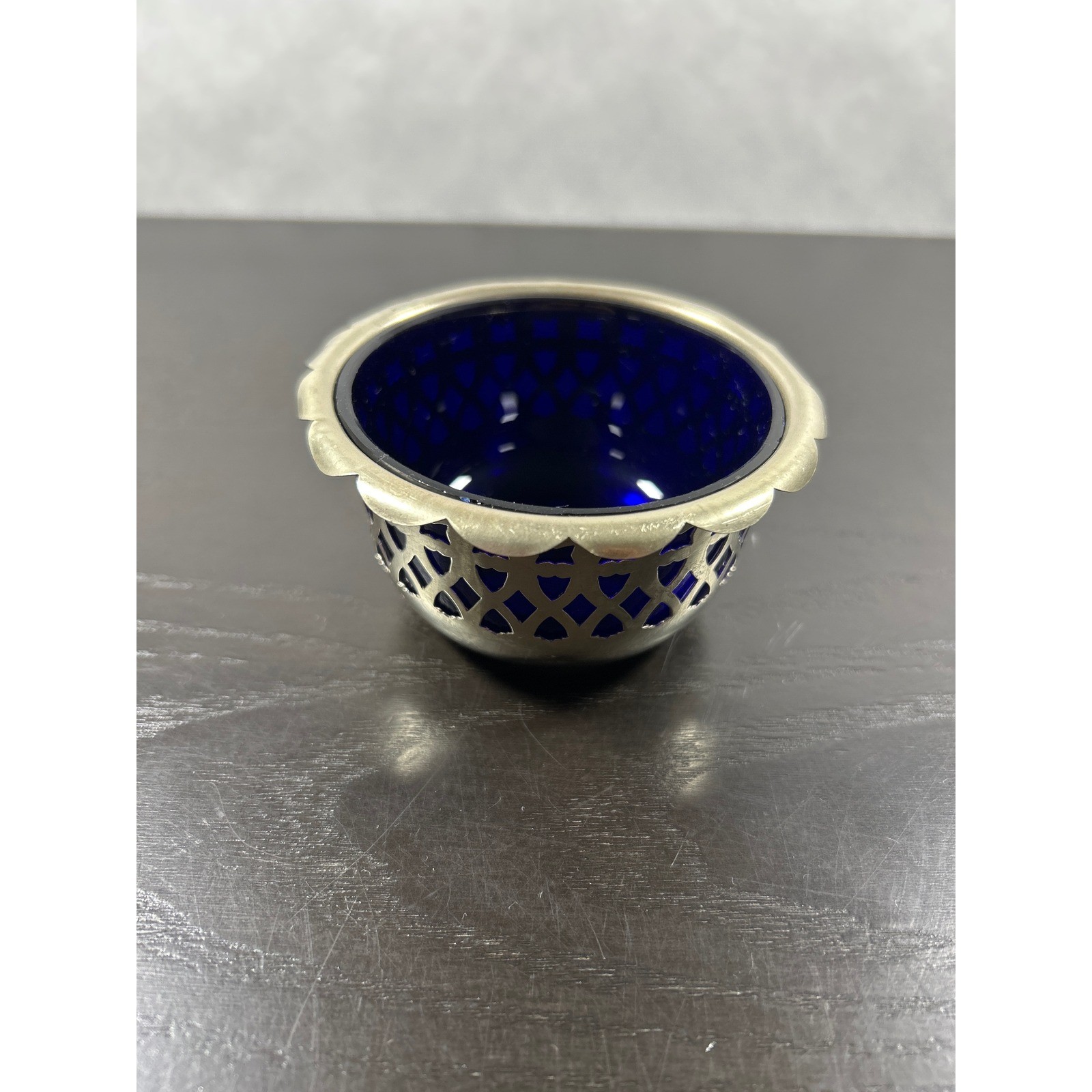 Vintage EPNS Silver Plate Cobalt Blue Glass Liner Salt Cellar Filigree Basket