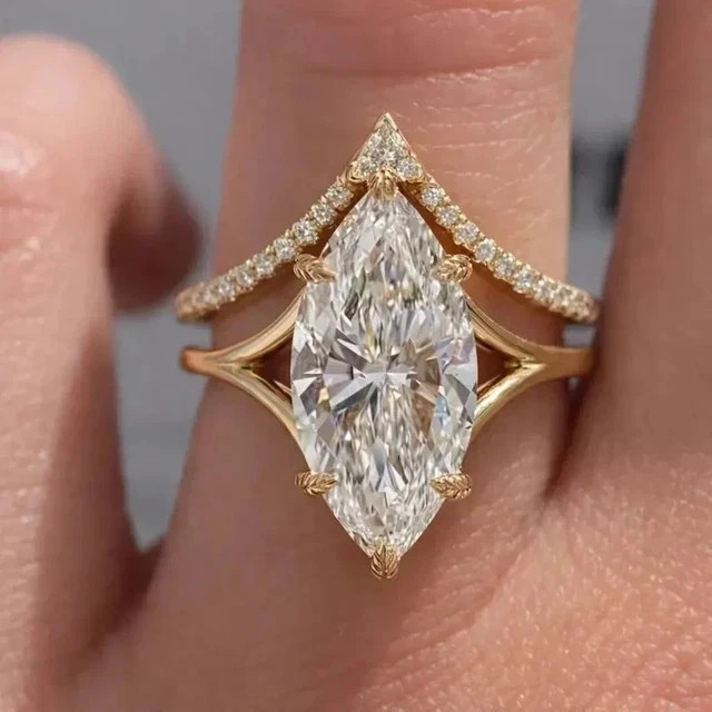 14K Yellow Gold Plated 3CT Marquise Lab Created Diamond Wedding Ring Bridal Set