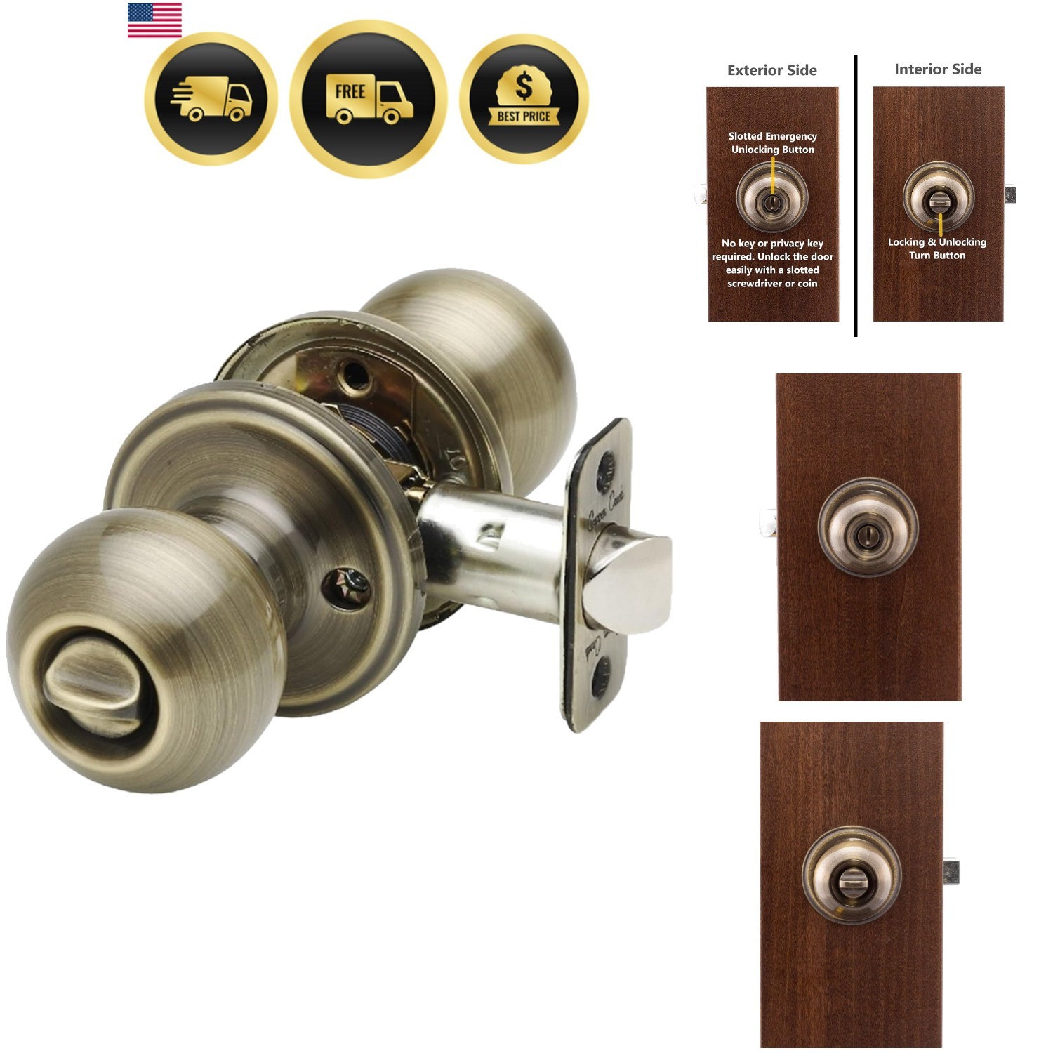 Door Knob Privacy Lock Ball Knob Antique Brass 1 Pack for Bedroom Bathroom