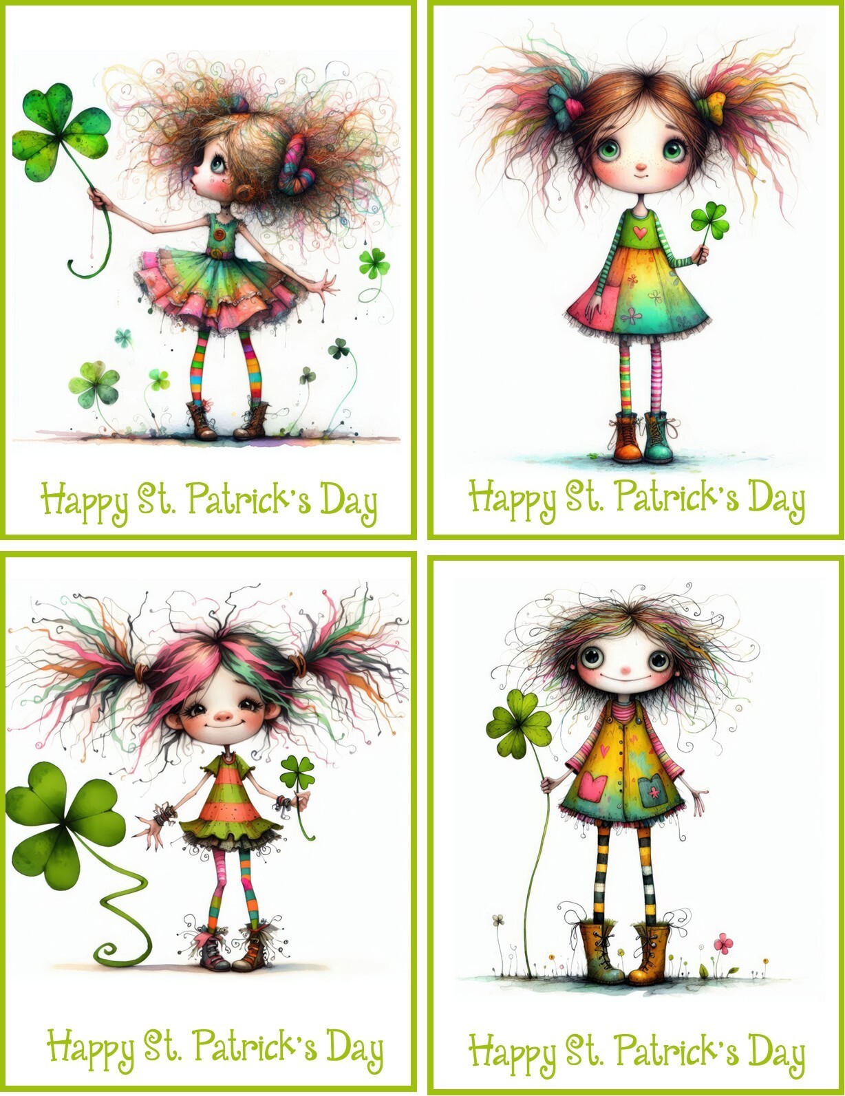8 Quirky girl St Patrick Fantasy Whimsical glossy fold out blank cards envelopes