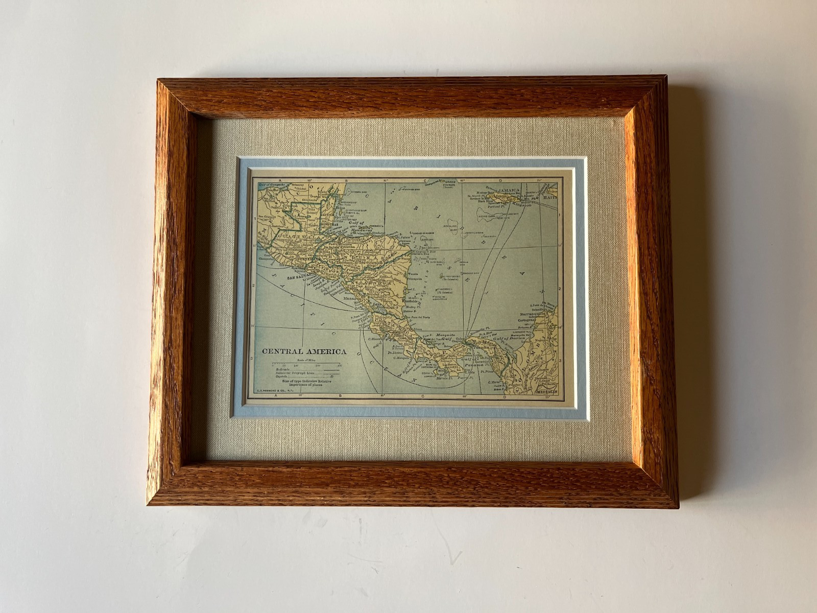 1927 Central America Map by C.S. Hammond, Framed/Dbl Mat SEE DESCRIPTION