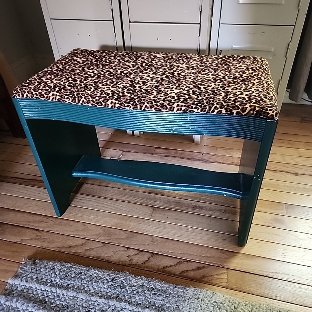 Vintage Wood Art Deco Waterfall Vanity Bench Stool Upholstered Seat Animal Print